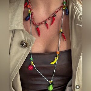 ZARA Set of 2 Chili Pepper and Fruit Beaded Rope Necklaces NWT